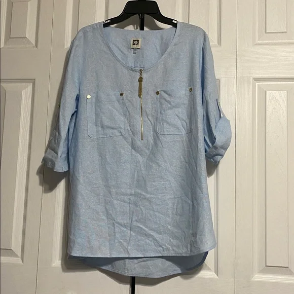 Anne Klein blue linen blend tunic top shirt blouse size LARGE - Picture 2 of 13